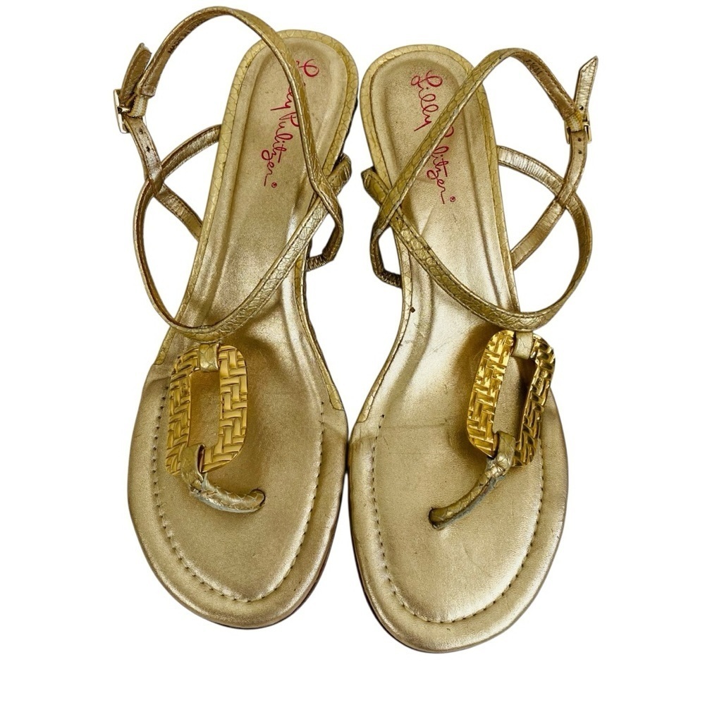 Lily Pulitzer Gold Metallic Wedge Sandals Buckle Detail Size 7.5